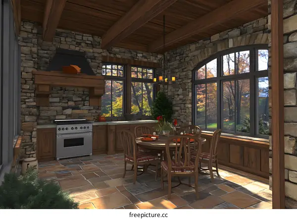 Modern Rustic Kitchen Dining Room with Stone Wall and Large Windows