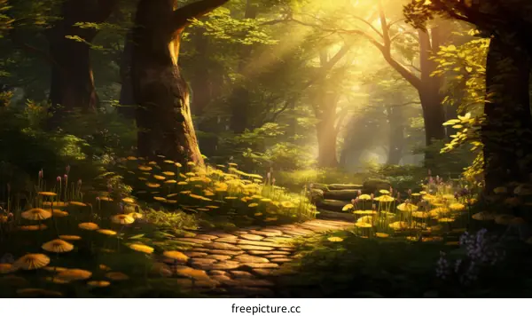 Sun-kissed Forest Pathway to a Mystical Realm