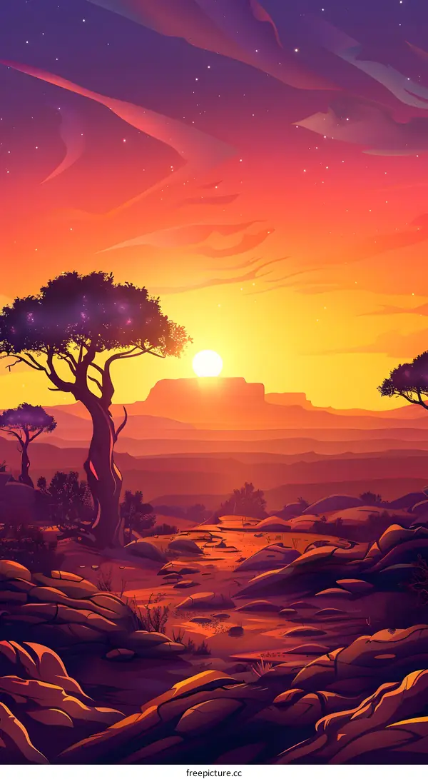 Sunset Over Rocky Landscape With Trees