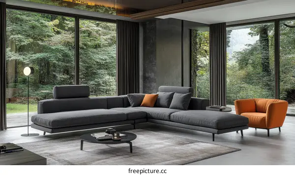 Modern Grey Sectional Sofa Set with Orange Accent Chair