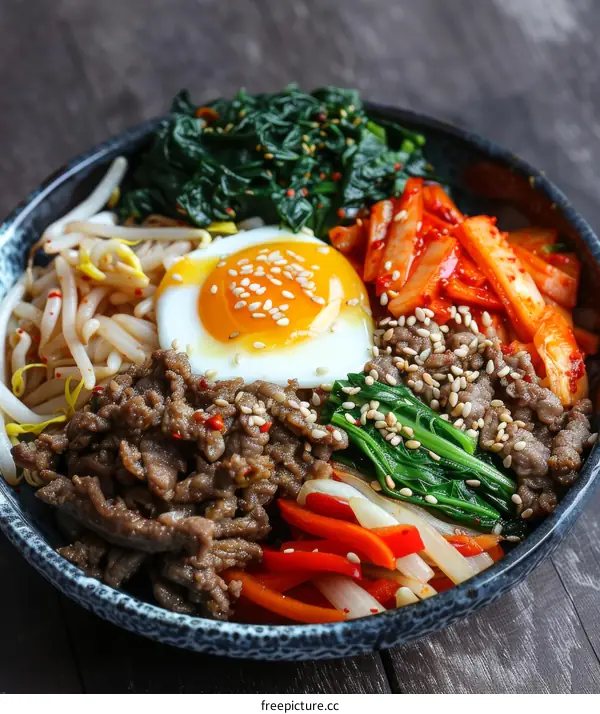 Korean Bibimbap with Beef, Egg, Spinach, and Kimchi