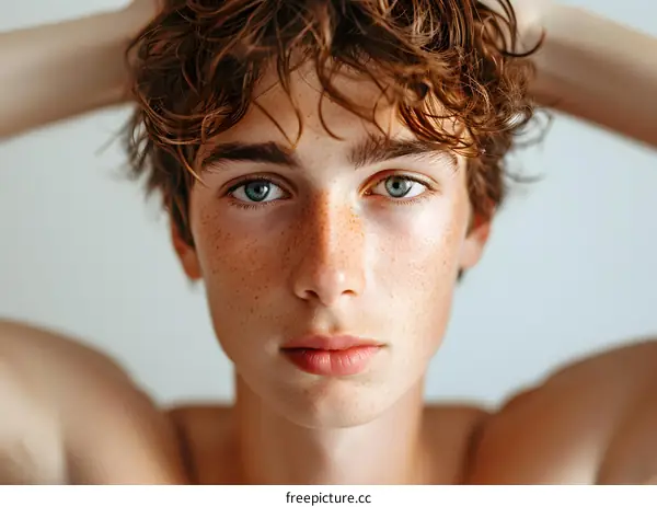 Portrait of a young man with freckles and blue eyes