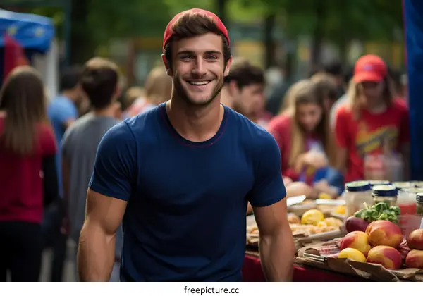Handsome young man with red hat smiling at a street fair
