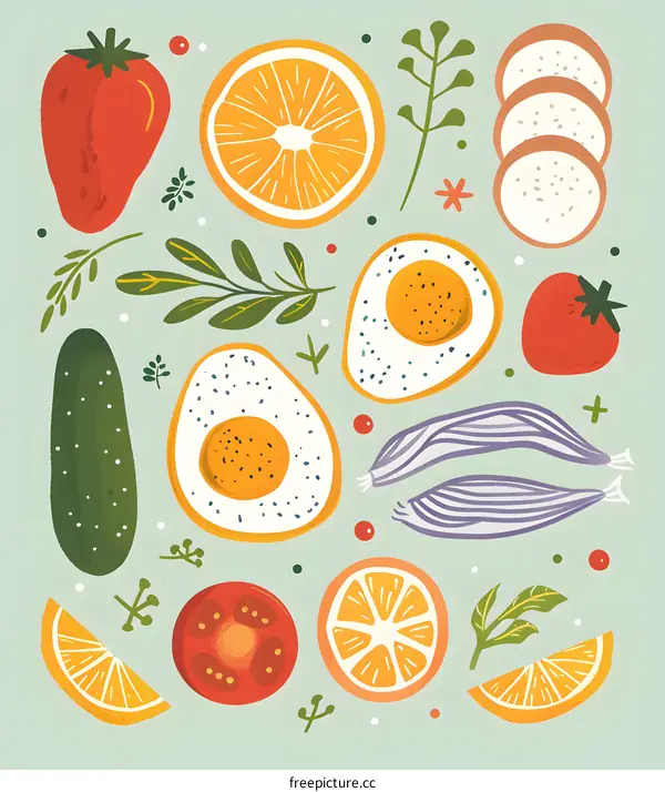 Bright Colorful Food Illustration with Orange, Cucumber, Tomato, Strawberry and Eggs