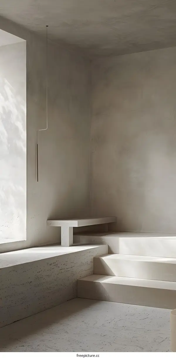 Minimalist Interior Design with Concrete Bench and Stairs