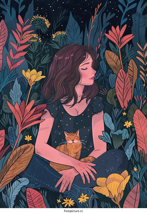Girl with Cat in Lush Garden Illustration