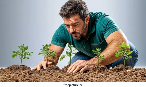 Man Planting Seedlings in the Garden