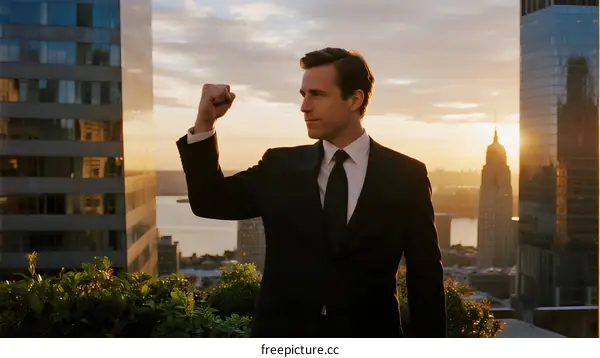 Confident Businessman Raising Fist Against Urban Skyline