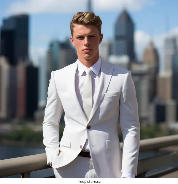 Young man in white suit standing on a bridge with blurred cityscape in the background