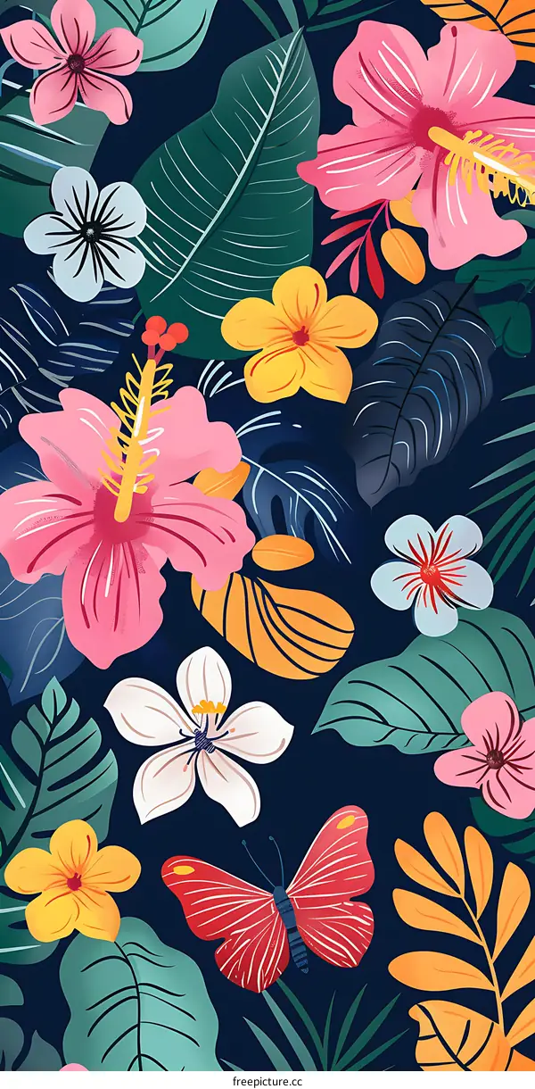 Colorful Floral Pattern with Butterfly and Tropical Leaves