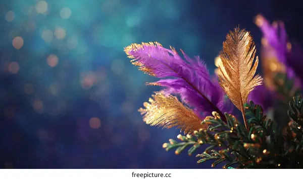 Purple and Gold Glitter Feathers Decorative Background