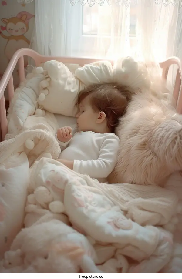 An adorable baby girl sleeping soundly in her crib