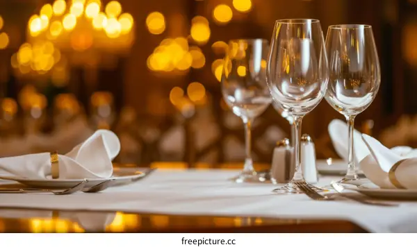 Elegant restaurant table setting with wine glasses
