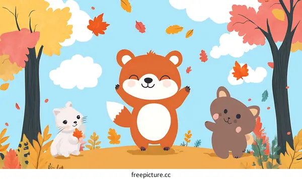 Cute Cartoon Animals in Autumn Forest