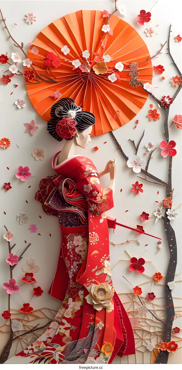 A woman wearing a kimono is standing under a cherry blossom tree.