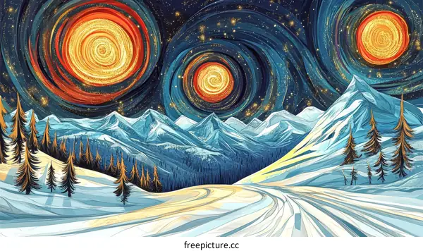 Starry Night Mountain Landscape Illustration