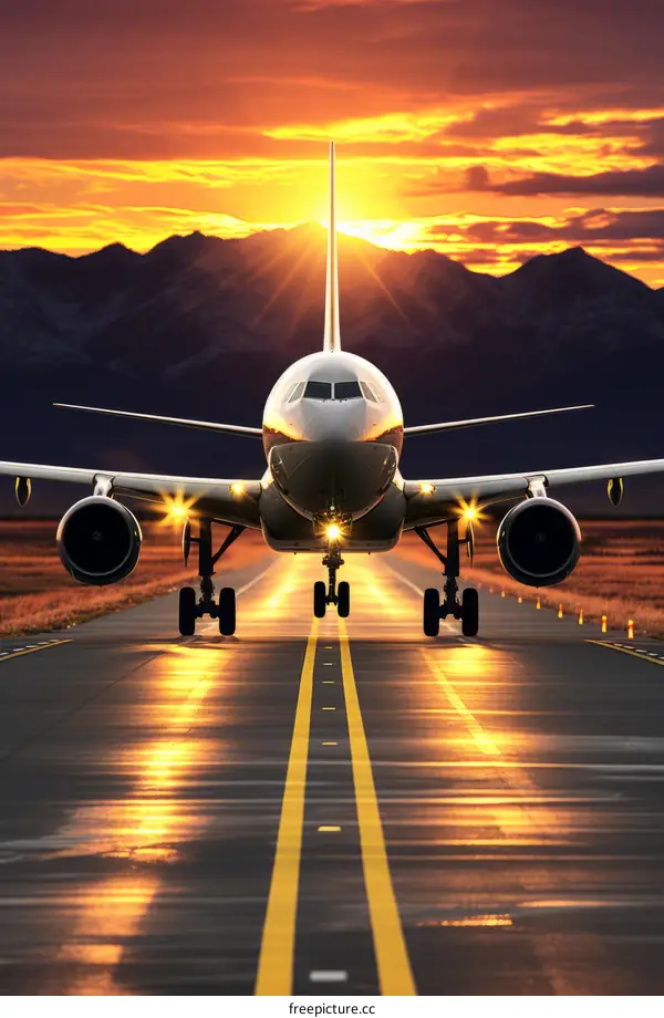 airplane landing on runway at sunset with mountains in background