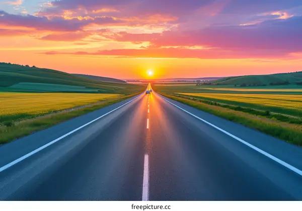 The setting sun illuminates the rural highway
