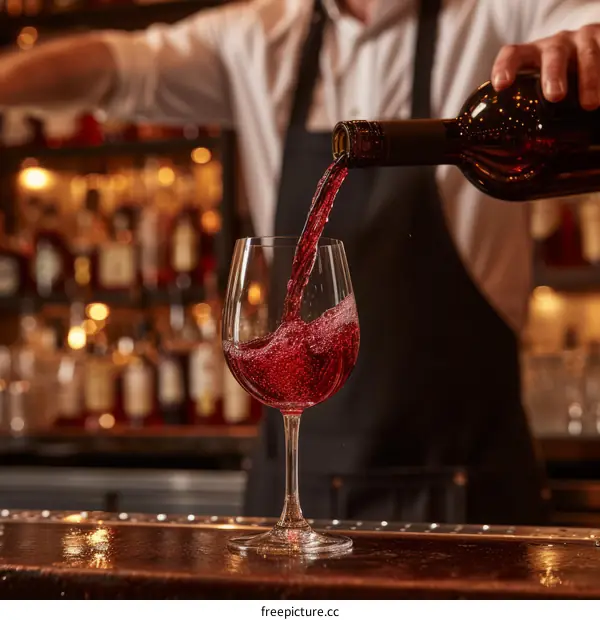bartender pouring red wine into glass at bar