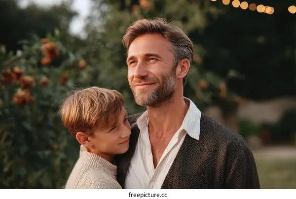 Father and Son Embrace Outdoors
