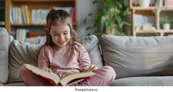 Little girl sitting on couch reading a book