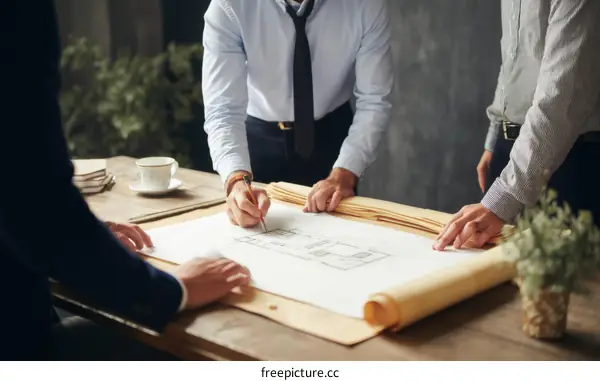Business people discussing architectural blueprints