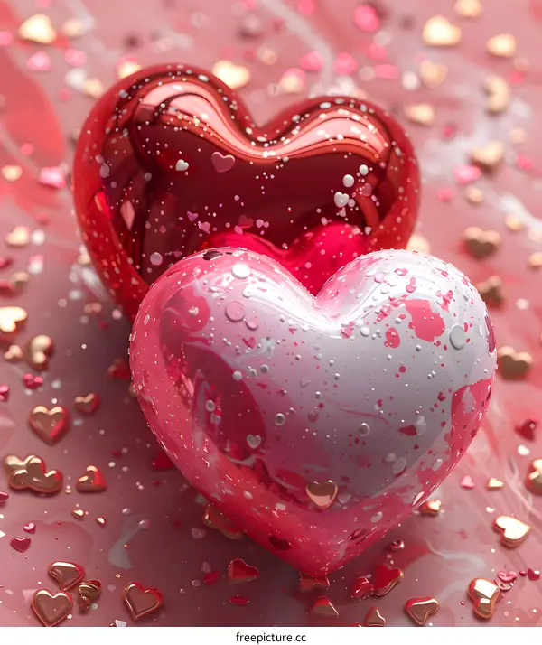 Two pink and red hearts with polka dots on a pink background with gold heart-shaped confetti.