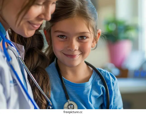 Little girl with freckles smiling next to a female doctor