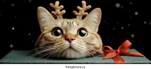 Cute Cat with Christmas Reindeer Antlers on a Gift Box