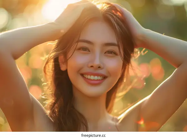 Portrait of a smiling Asian woman with long hair