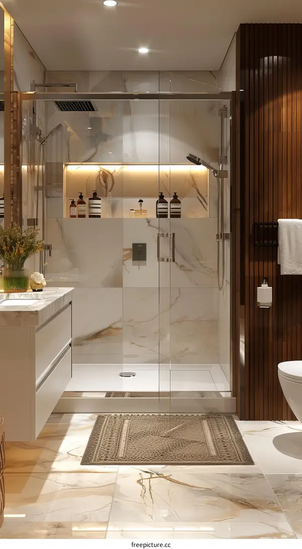 Bathroom interior with marble tiles and wooden wall