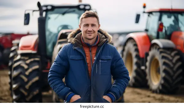 A smiling farmer standing in front of two tractors