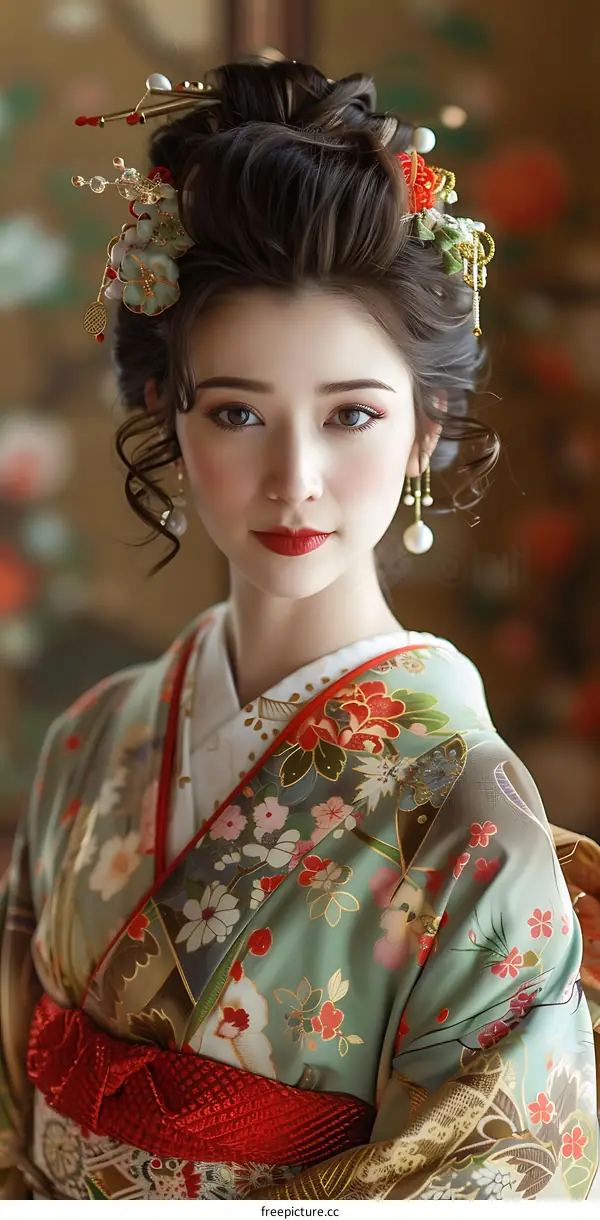 Japanese Woman in Traditional Kimono with Floral Pattern
