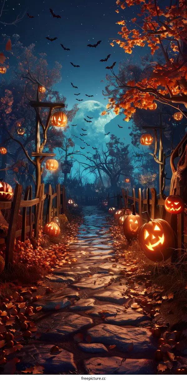 Spooky Halloween Night Path With Pumpkins