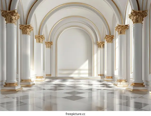 Luxury classic interior with white marble floor and golden columns