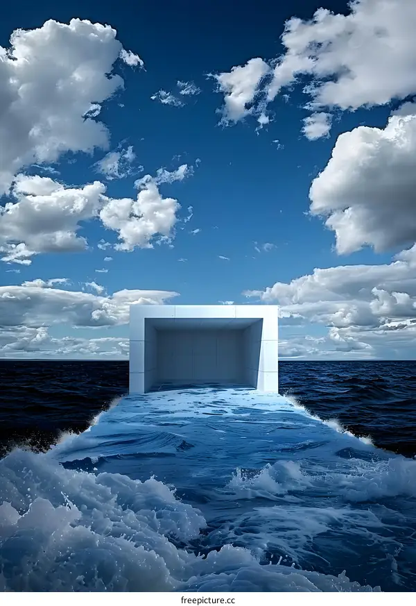 White Cube Floating on Blue Ocean with Cloudy Sky