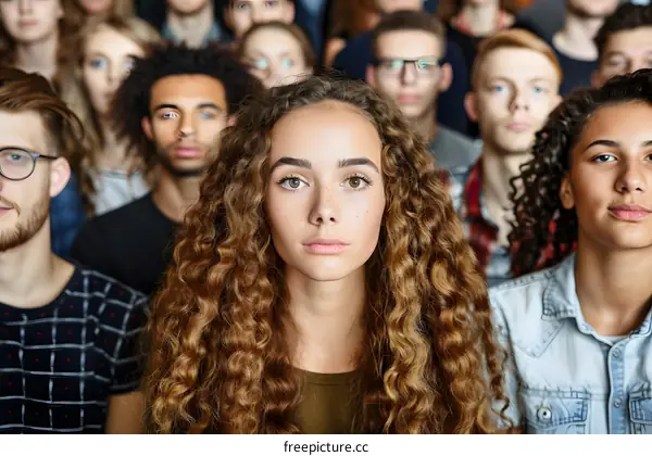 Close Up Portrait of Young Woman with Curly Hair in Crowd