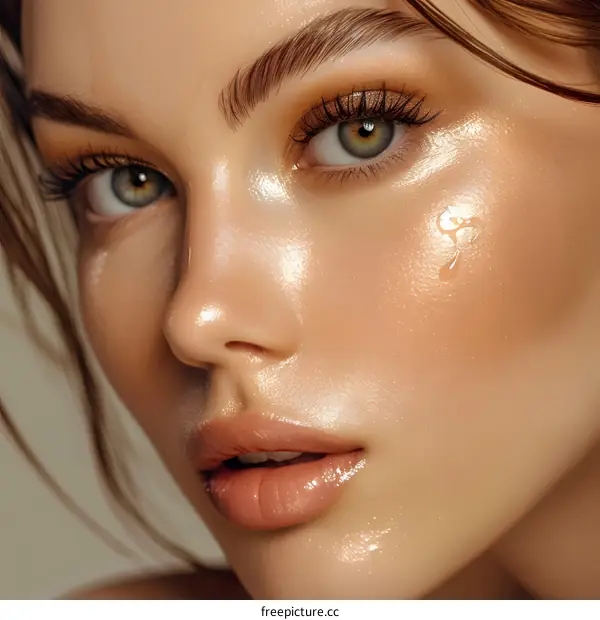 Closeup Portrait of Woman with Glossy Skin and Makeup