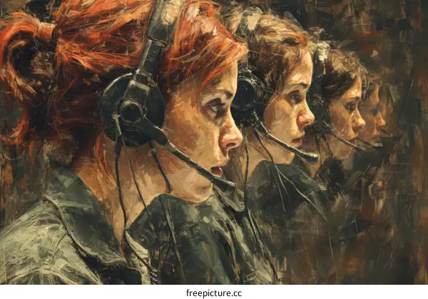 Four redheaded women in military uniforms wearing headsets
