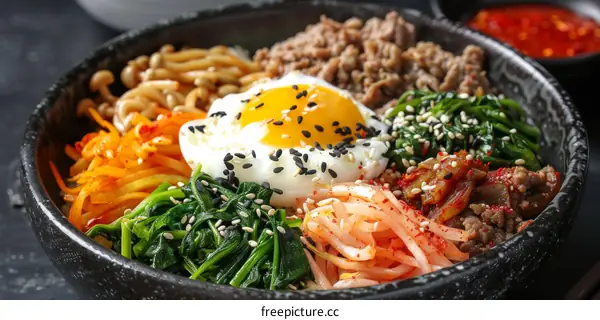 Korean Bibimbap: A Colorful Bowl of Rice, Beef, Egg & Vegetables