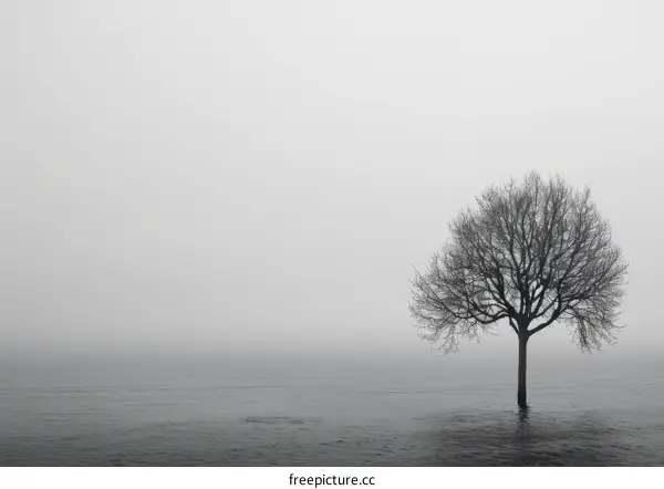 Solitude in Fog: A Single Tree on a Misty Lake