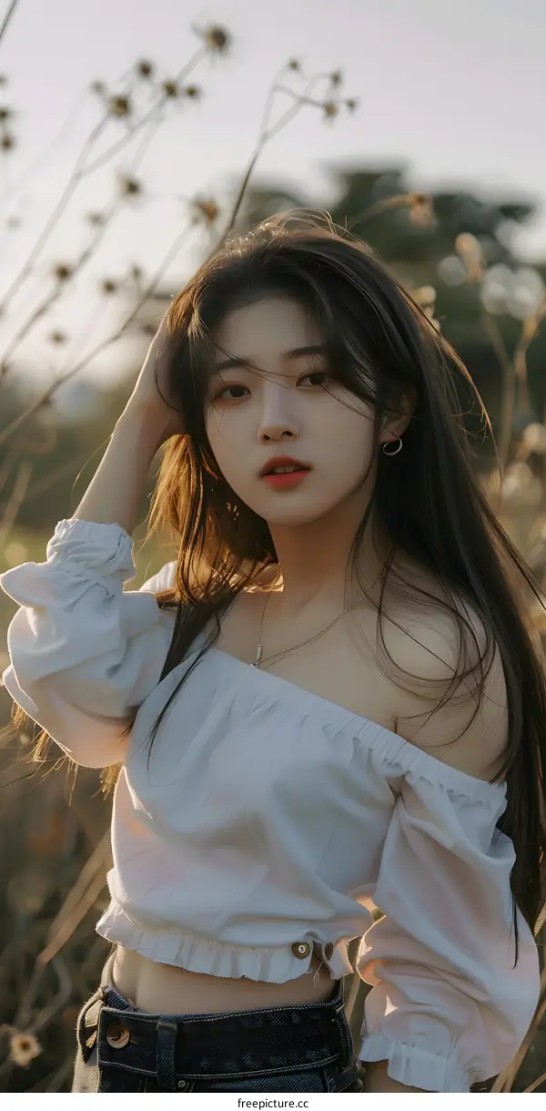 Portrait of a Young Woman with Long Brown Hair Wearing a White Off Shoulder Blouse and Jeans in a Field of Dried Plants