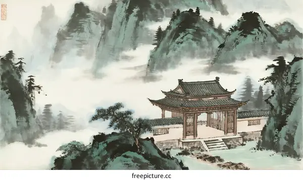 Traditional Chinese Pavilion Amidst Misty Green Mountain Scenery