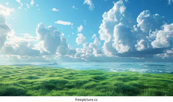 Rolling Green Hills Meet the Ocean Under a Cloudy Sky