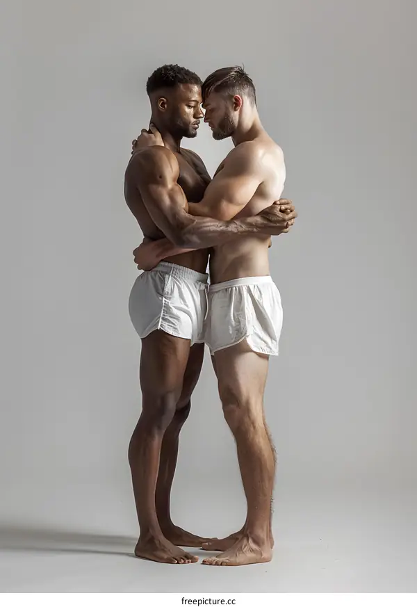 Two muscular men in white shorts are hugging each other