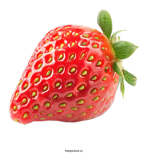 [Transparent Background PNG]Single Fresh Red Strawberry with Green Leaves