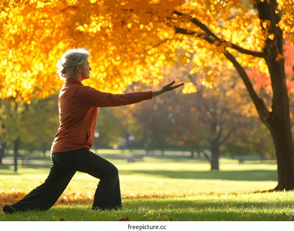 Woman Practicing Tai Chi in the Fall