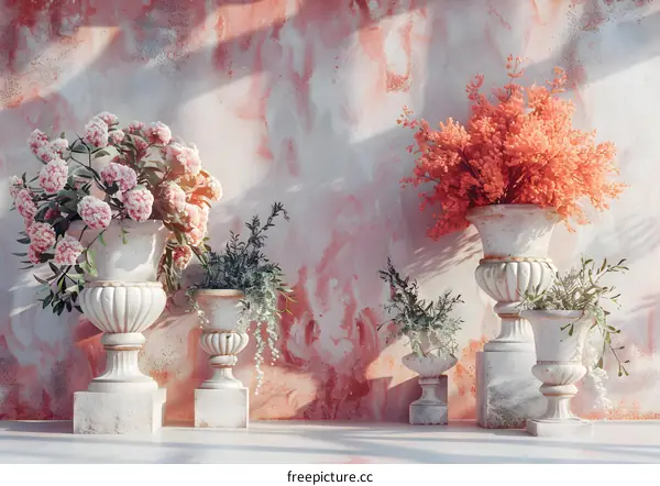 White Vases with Blooming Flowers in Warm Sunlight