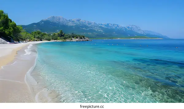sandy beach with pine trees and crystal clear sea