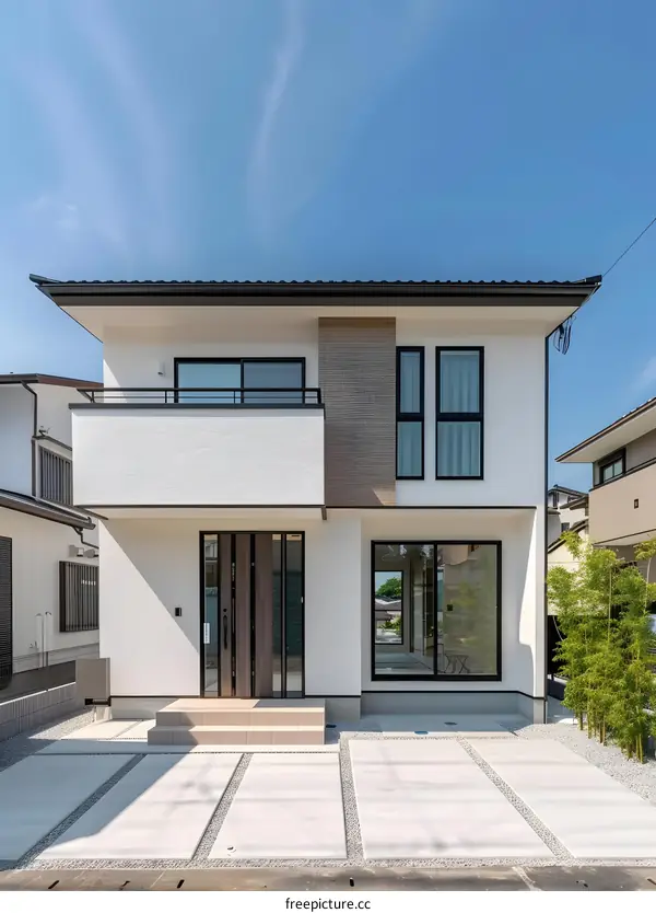 Modern White Two Story House with a Brown Door and Large Windows
